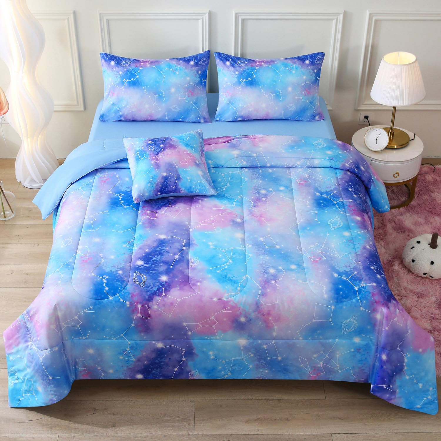 Jqinhome Queen Gradient Galaxy Comforter Set For Girls,6 Piece Bed In A Bag 3D Colorful Tie Dye Constellation Print Ombre Beddin